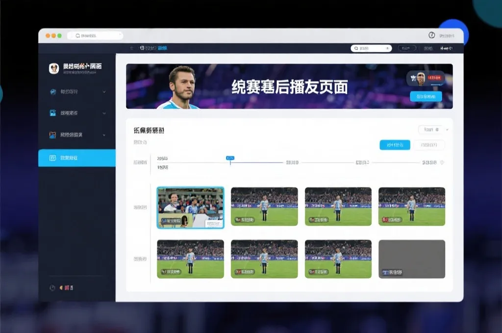 比赛结束后，电视屏幕展示集锦回放页面，旁边有时间轴和多角度切换提示